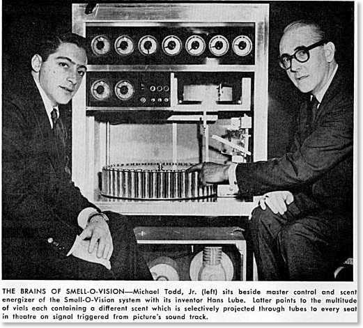 News coverage of Mike Todd Jr. and Hans Laube sitting in front of a Smell-O-Vision! Brain.
