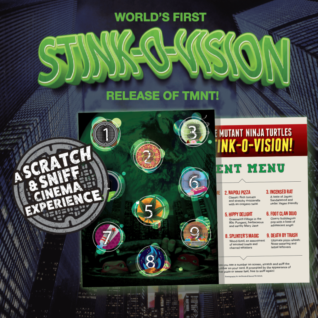 Graphic showing the Stink-O-Vision scratch-and-sniff card. On one side are the fragrances, and on the other side are the descriptions (scent menu).