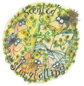 The Scented Storytelling logo. Children gather as Tammy opens a book and flowers spring forth.